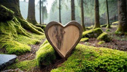 forest dig cemetery funeral background closeup of wooden heart on moss natural burial grave in the woods tree burial generative ai