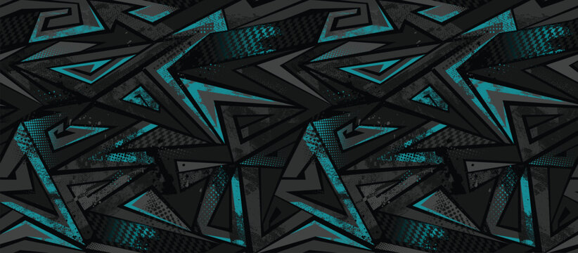 Abstract geometric seamless pattern with curved lines, arrows, stripes, triangles, dots. Grungy geometrical Urban background for sport textile, wrapping paper.