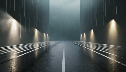 3d rendering abstract asphalt light in a dark empty street and rain