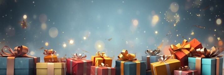 Many new year gifts banner with many boxes with golden ribbons against blue defocused background