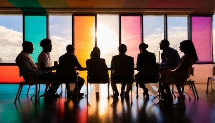 silhouettes of people in a meeting room with a colorful window behind them generative ai
