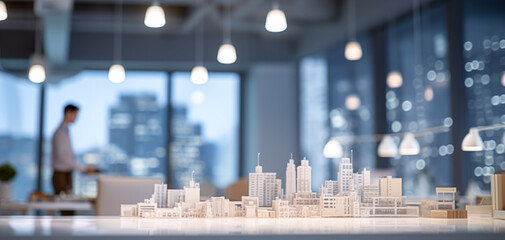 Modern architectural bureau office with panoramic windows and blurry cityscape. Building complex prototype project of business district, city model, 3D model of the city's buildings on a table.