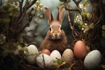 One cute bunny and many easter eggs among spring branches