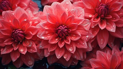 An artistic composition featuring the rhythmic dance of water droplets from a drip irrigation system on the petals of blooming dahlia flowers, creating a visually striking and elegant background