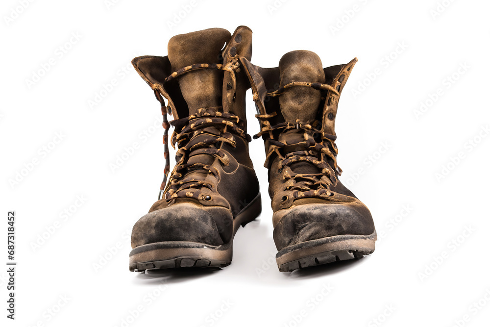 Wall mural a pair of old leather hiking boots isolated on white background.