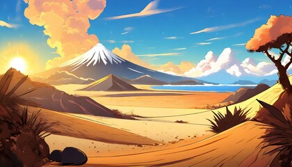 anime scen background of a desert and a volcano day digital art