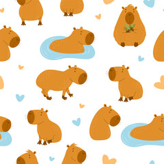 Seamless pattern. Cute capybaras on white background. Vector illustration for design, wallpaper, packaging, textile. kids collection.
