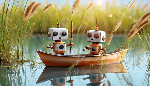 Two cute little robots in a small brown boat getting ready to fish on a calm summer day in a river with cattails and tall grass