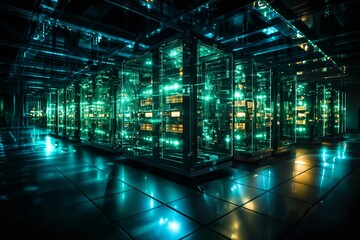 futuristic global data processing center, infrastructure for telecommunications and internet technology with virtual reality, digital future, cyberspace visualization, illumination