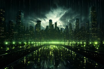Fototapeta na wymiar panoramic view of a futuristic metropolis at night, with virtual reality holograms, digital future, cyberspace visualization, street lights, illumination