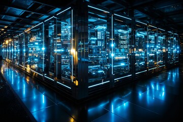 futuristic global data processing center, infrastructure for telecommunications and internet technology with virtual reality, digital future, cyberspace visualization, illumination