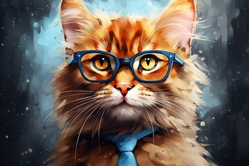 Smart red cat portrait wearing glasses and tie