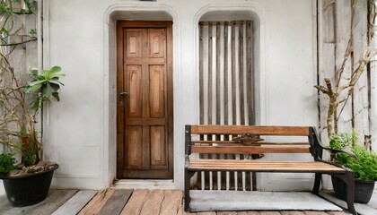 beautiful wooden door with old wood bench white background wall home interior design concept generative ai