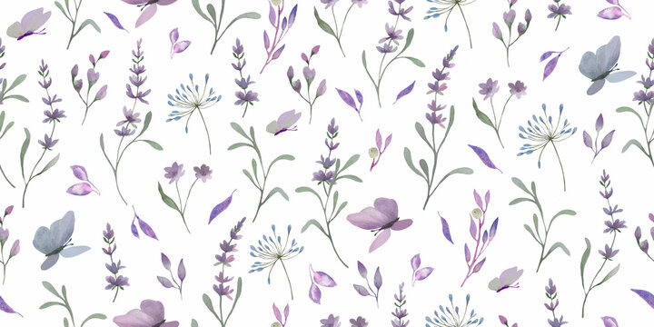 Watercolor seamless pattern with lavender. Hand drawn floral illustration.