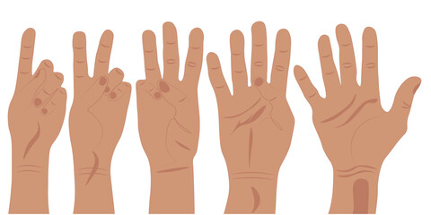 Hands with fingers that show numbers and numbers. One two three four five. Signs, symbols, hand gestures