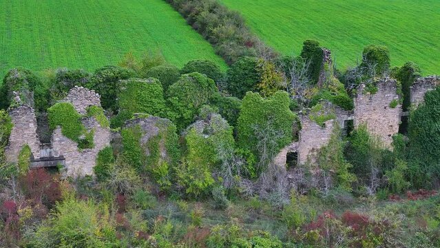Ruins of the Convent of Mercedarios de Nuestra Se&ntilde;ora del Pilar seen from a drone. Bridge the Queen of Jaca. Jacetania region. Huesca, Aragon, Spain, Europe