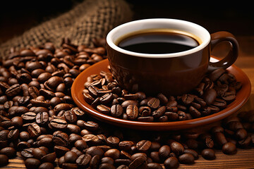 Fototapeta premium Close-up View of a Warm Cup of Freshly Brewed Coffee with Scattered Aromatic Coffee Beans