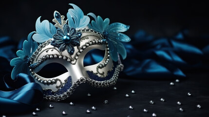 Venetian mask on a dark blue background with copy space