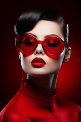 fashion model wearing red sunglasses on a plain red background with funky hair 