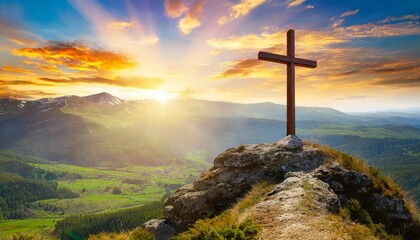 christian cross on top of a mountain sunset landscape easter wallpapers generative ai - obrazy, fototapety, plakaty
