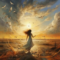 woman in white dress walking through the land with a lot of doves flying around 