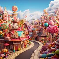 A city with buildings made with candy, lollipop, cookies, marshmallow, cotton candy, bright, colorful, fairy tale, fantasy town - 687321098