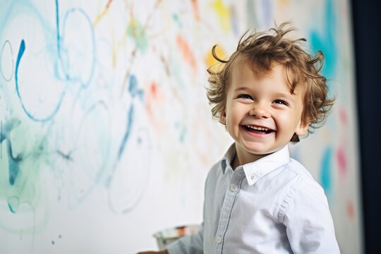 little boy painting and showing his art