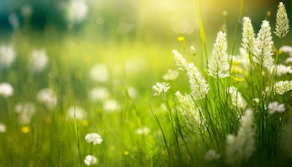 closeup of flowering grasses in an idyllic sunny green meadow on abstract blurred background with copy space grass pollen allergy season concept - obrazy, fototapety, plakaty