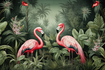 wallpaper jungle and leaves tropical forest mural flamingo and birds old drawing vintage background 