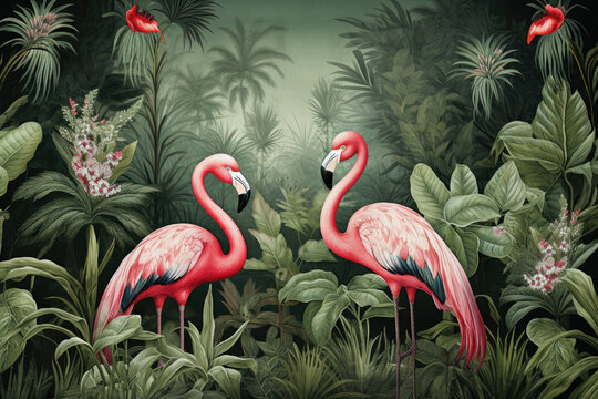 Illustration Tropical flamingo jungle