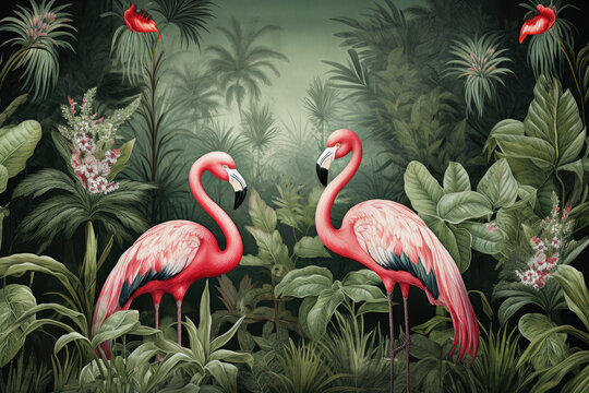 wallpaper jungle and leaves tropical forest mural flamingo and birds old drawing vintage background 