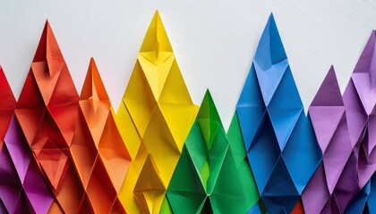 rainbow coloured triangles on white background concept of lgtbt copy space