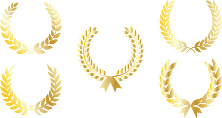 Set of laurel wreaths. Award in the form of laurel leaves in a golden silhouette, achievement, wreath, heraldry. Gold award-winning laurel wreath on a transparent background - obrazy, fototapety, plakaty