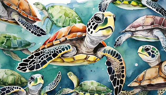 set of funny cartoon sea turtles background sea turtle watercolor generated ai