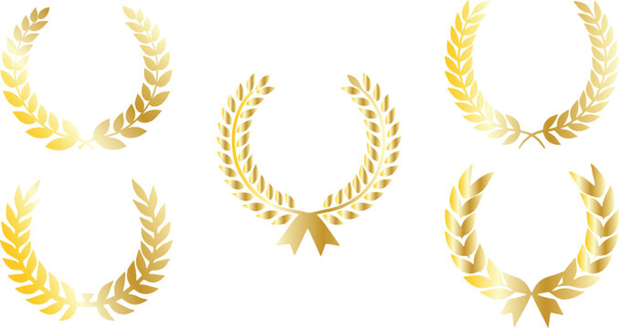 Set of laurel wreaths. Award in the form of laurel leaves in a golden silhouette, achievement, wreath, heraldry. Gold award-winning laurel wreath on a transparent background