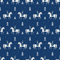 Cute cartoon girl on a white horse in the winter forest, seamless vector pattern