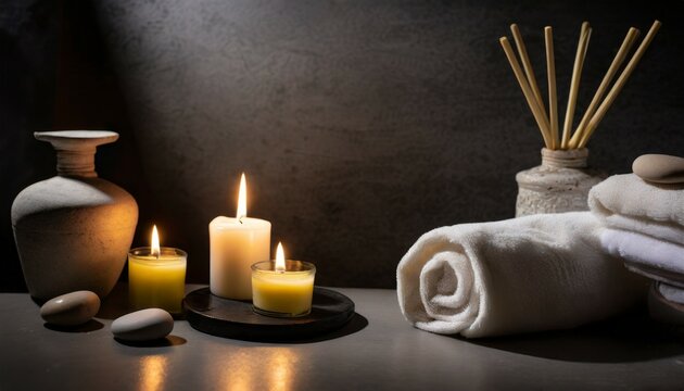 moody picture of a zen inspired spa scene with candles on a dark background