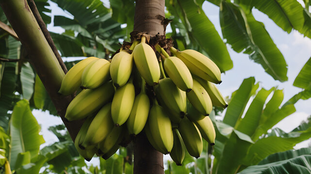 bunch of bananas on banana tree, tree, tropical fruit, yellow, peel, potassium, plantation, 