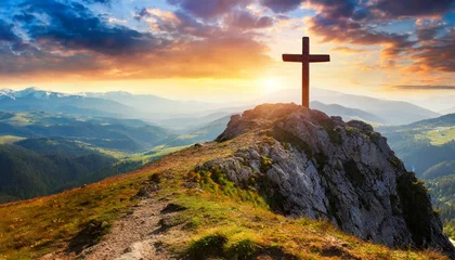 Foto op Plexiglas christian cross on top of a mountain sunset landscape easter wallpapers generative ai © Irene
