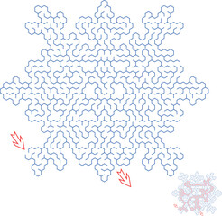 Labyrinth inside the snowflake shape. Creative Christmas flat maze. Puzzle related to frost, winter, new year, cold temperature. Simple vector style