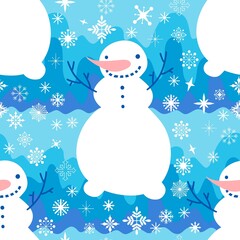 Cartoon winter ice seamless snowman and snowflakes pattern for Christmas packaging and new year