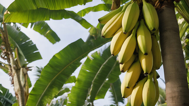 banana bunch on a banana tree, It's a tropical sight, promising sweetness and freshness with each ripening moment.