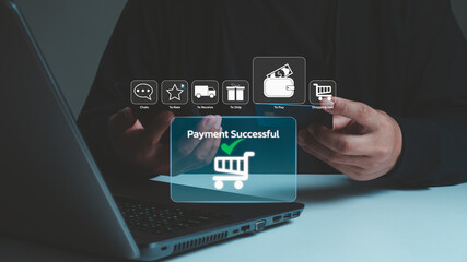 shopping and online payment concept. young man hands holding using mobile smartphone and credit card making online payment with laptop computer on table while holiday at home.