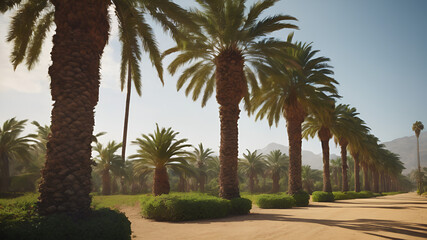 Fototapeta na wymiar palm trees in the park,subtle rustle of palm leaves, adding to the tranquil atmosphere