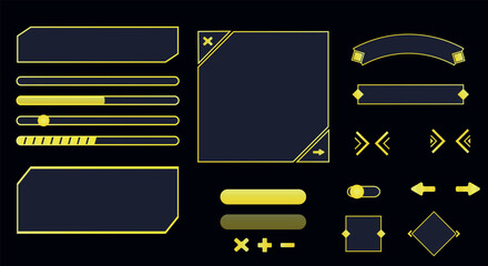 Metal elements and frames for games. Neon elements for games, frames and buttons. Vector illustration