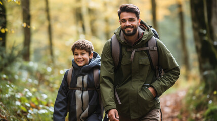 Fototapeta premium smiling son and father walking with backpacks through the forest, nature reserve, hiking, tall trees, blurred background, man, boy, trail, tourists, travel, hike, family, weekend together, child, kid