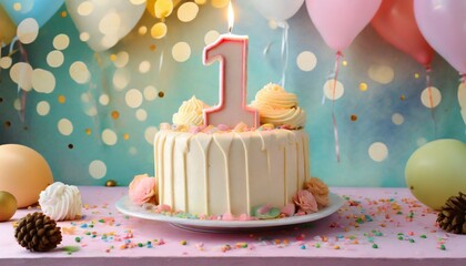 1st year birthday cake on colorful pastel background - obrazy, fototapety, plakaty