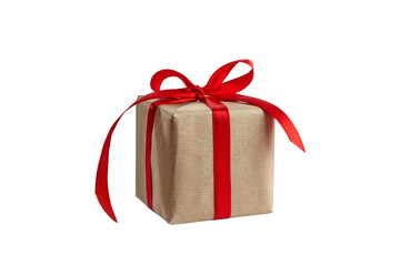A gift wrapped Christmas, birthday or valentines presents with red ribbon bows isolated against a transparent background.