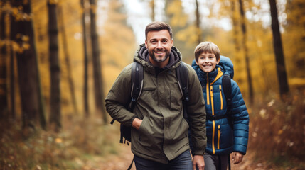 Fototapeta premium smiling son and father walking with backpacks through the forest, nature reserve, hiking, tall trees, blurred background, man, boy, trail, tourists, travel, hike, family, weekend together, child, kid