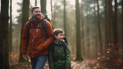 Fototapeta premium smiling son and father walking with backpacks through the forest, nature reserve, hiking, tall trees, blurred background, man, boy, trail, tourists, travel, hike, family, weekend together, child, kid
